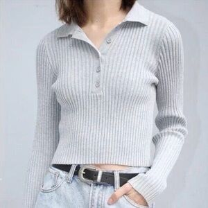 Brandy Melville Light Gray Collared Ribbed Polo Sweater